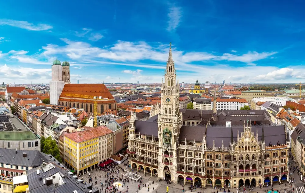 Aerial,View,On,Marienplatz,Town,Hall,And,Frauenkirche,In,Munich,