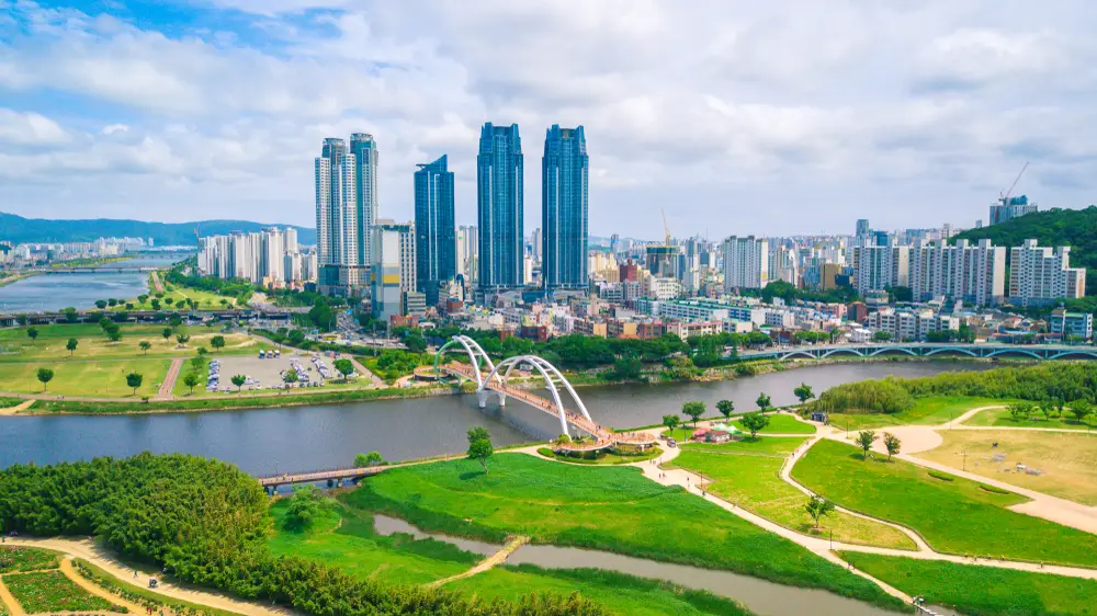 Aerial,View,Of,Taehwa,Riverside,During,Spring,Season,In,Ulsan