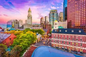 Boston,,Massachusetts,,Usa,Historic,Skyline,At,Dusk.