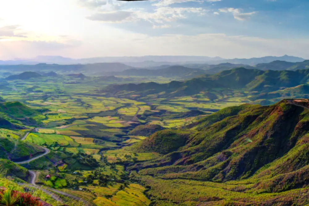 Aerial Panorama of Semien mountains and valley around Lalibela in Ethiopia