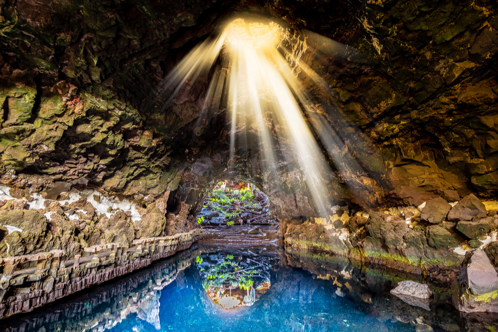 Cave Jameos del Agua, natural cave and pool created by the eruption of the Monte Corona volcano in Lanzarote, Canary Islands, Spain